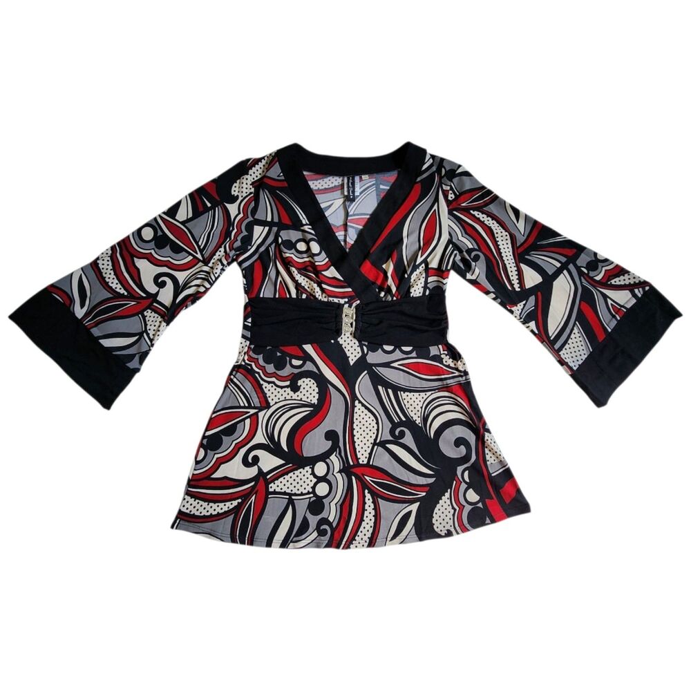 Heart Soul Red Black White Multicolor Swirl Print Faux Wrap 3/4 Sleeve Top Sz M